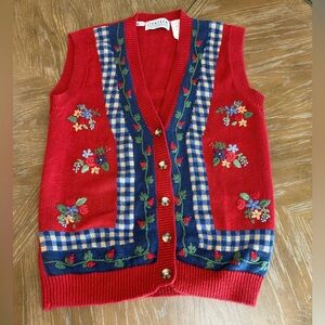 Vintage Jantzen Red and Blue gingham Floral Sweater Vest